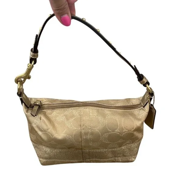 Coach Signature C Small Shoulder Bag Purse Gold Metallic Studded Strap - Picture 3 of 13